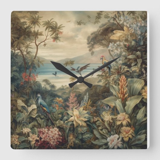 ヴィンテージの植物のシーンの鳥の花の楽園 スクエア壁時計 (正面)