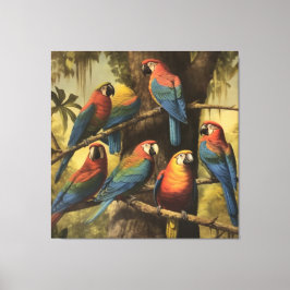 ヴィンテージの植物のシーンカラフルの木の中のパロット キャンバスプリント