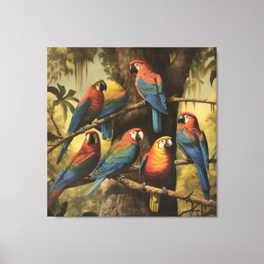 ヴィンテージの植物のシーンカラフルの木の中のパロット キャンバスプリント (正面)