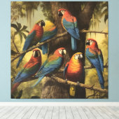 ヴィンテージの植物のシーンカラフルの木の中のパロット キャンバスプリント (インサイチュ (ウッドフロア))