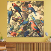 ヴィンテージの植物のシーンカラフルの木の中のパロット キャンバスプリント (インサイチュ (リビング))