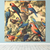 ヴィンテージの植物のシーンカラフルの木の中のパロット キャンバスプリント (インサイチュ (ウッドフロア))