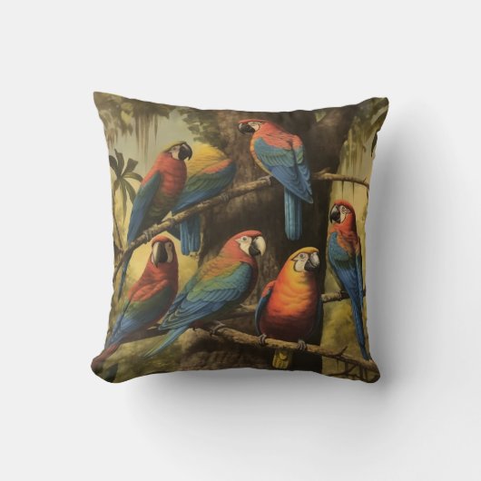 ヴィンテージの植物のシーンカラフルの木の中のパロット クッション (正面)