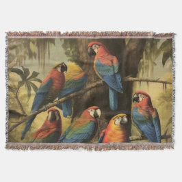 ヴィンテージの植物のシーンカラフルの木の中のパロット スローブランケット