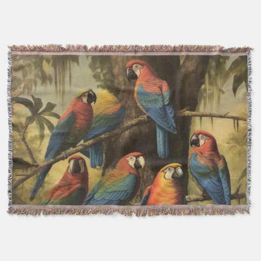 ヴィンテージの植物のシーンカラフルの木の中のパロット スローブランケット (正面)