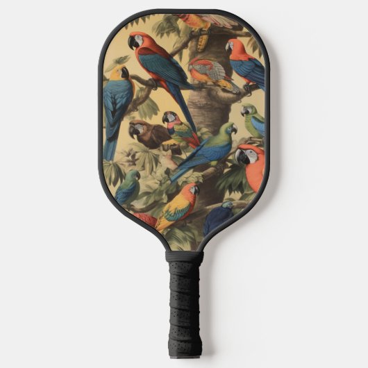 ヴィンテージの植物のシーンカラフルの木の中のパロット ピックルボールラケット (正面)
