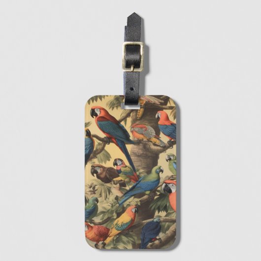 ヴィンテージの植物のシーンカラフルの木の中のパロット ラゲッジタグ (正面縦)