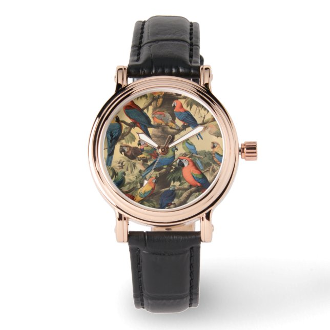 ヴィンテージの植物のシーンカラフルの木の中のパロット 腕時計 (正面)