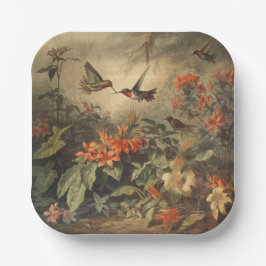 ヴィンテージの植物のシーン：ハチドリと花 ペーパープレート