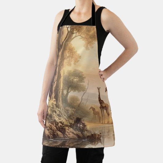 ヴィンテージの植物の川のそばのキリンのシーン エプロン (インサイチュ)