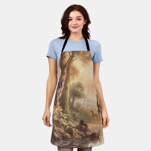 ヴィンテージの植物の川のそばのキリンのシーン エプロン (着用した状態)