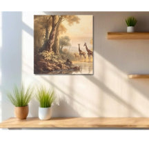 ヴィンテージの植物の川のそばのキリンのシーン