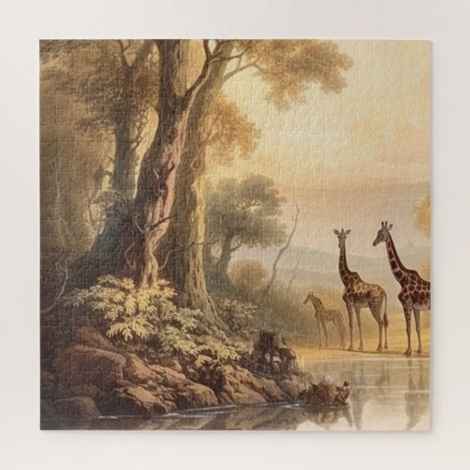ヴィンテージの植物の川のそばのキリンのシーン ジグソーパズル (縦)