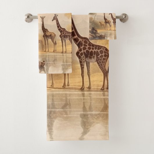 ヴィンテージの植物の川のそばのキリンのシーン バスタオルセット (インサイチュ)