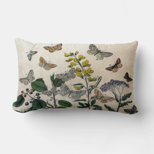 ヴィンテージの植物の花の蝶素朴なベージュ色 ランバークッション (正面)