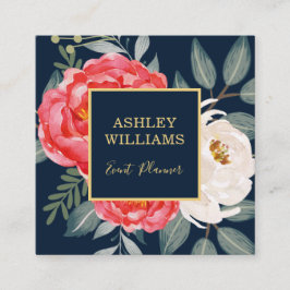 ヴィンテージの植物の花柄/海軍赤の金ゴールド スクエア名刺