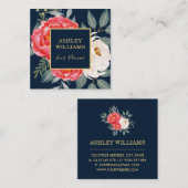 ヴィンテージの植物の花柄/海軍赤の金ゴールド スクエア名刺 (正面/裏面)