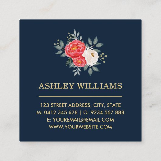 ヴィンテージの植物の花柄/海軍赤の金ゴールド スクエア名刺 (裏面)