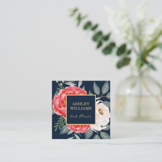 ヴィンテージの植物の花柄/海軍赤の金ゴールド スクエア名刺 (スタンド正面)