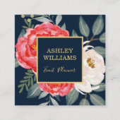 ヴィンテージの植物の花柄/海軍赤の金ゴールド スクエア名刺 (正面)