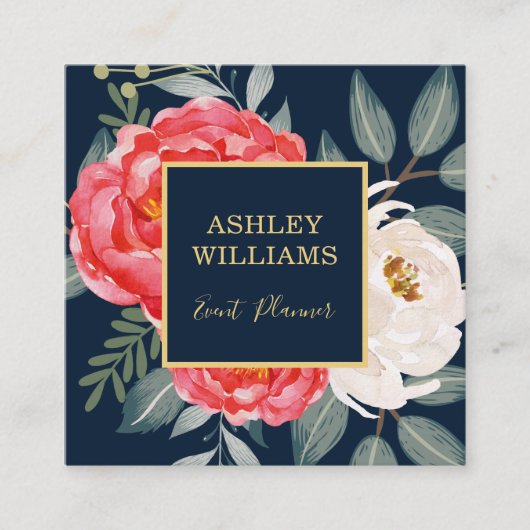 ヴィンテージの植物の花柄/海軍赤の金ゴールド スクエア名刺 (正面)