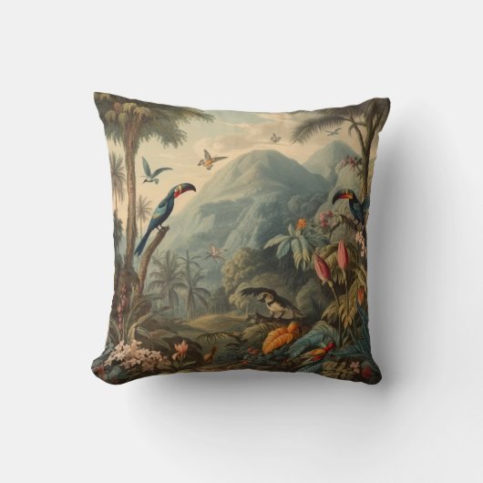 ヴィンテージの植物の風景トゥーカンと花 クッション (正面)