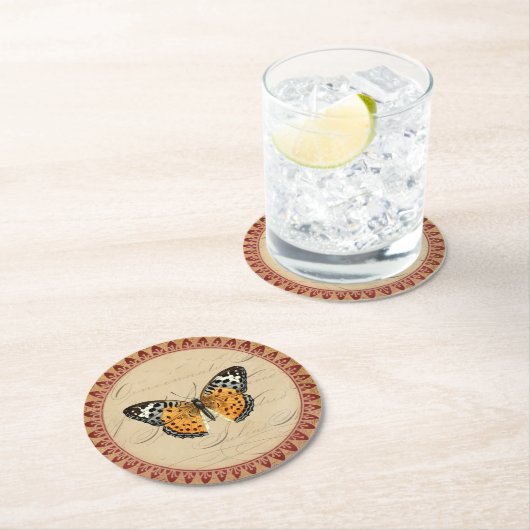 ヴィンテージの植物性の蝶でブルゴーニュのアクセント ラウンドペーパーコースター (インサイチュ)