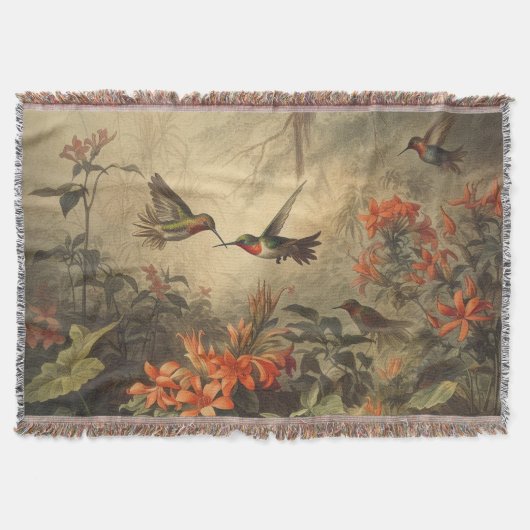 ヴィンテージの植物界ハミングバードと花 スローブランケット (正面)