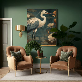 ヴィンテージの植物界ブルークレーンとロータス キャンバスプリント