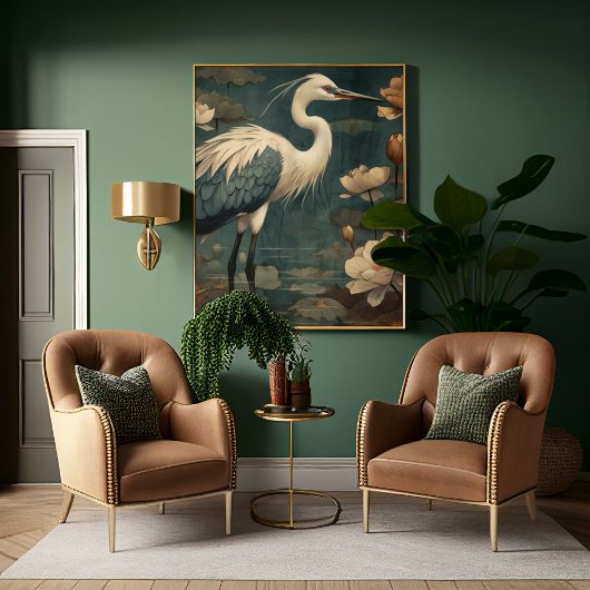 ヴィンテージの植物界ブルークレーンとロータス キャンバスプリント