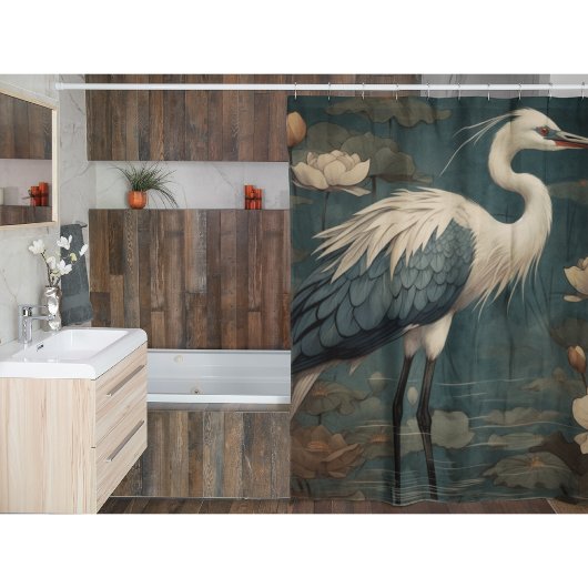 ヴィンテージの植物界ブルークレーンとロータス シャワーカーテン