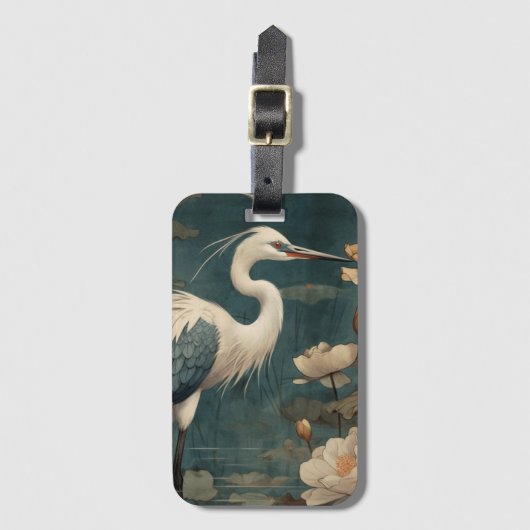 ヴィンテージの植物界ブルークレーンとロータス ラゲッジタグ (正面縦)