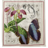 ヴィンテージの植物蘭と蝶 シャワーカーテン (正面)