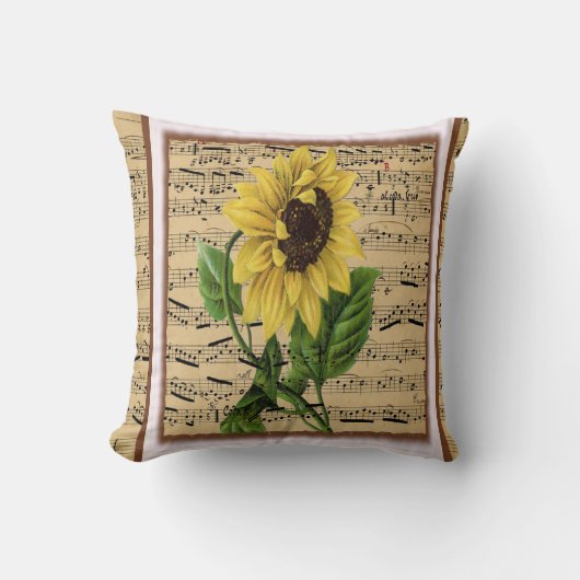 ヴィンテージの楽譜のかわいらしいヒマワリ クッション (正面)