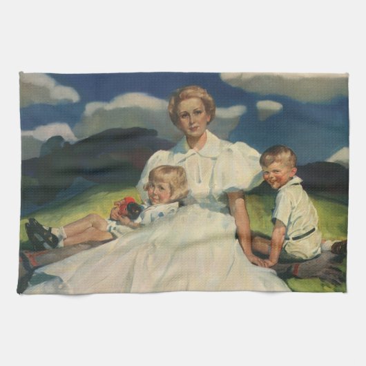 ヴィンテージの母の日、ママと子供たち キッチンタオル (横)