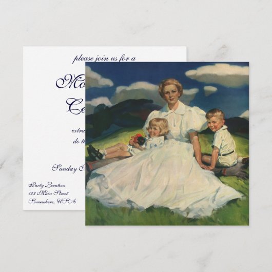 ヴィンテージの母の日、ママと子供たち 招待状 (正面/裏面)