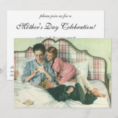 ヴィンテージの母の日、子供たちがベッドでカードを読む 招待状 (正面/裏面)