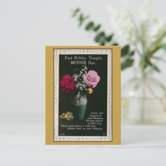ヴィンテージの母の誕生日、花、詩 ポストカード (スタンド正面)