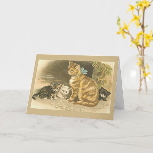 ヴィンテージの母猫および子ネコのメッセージカード カード (黄色い花)