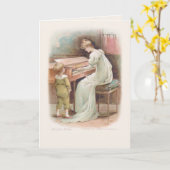 ヴィンテージの母親が息子のためにピアノを弾く カード (黄色い花)