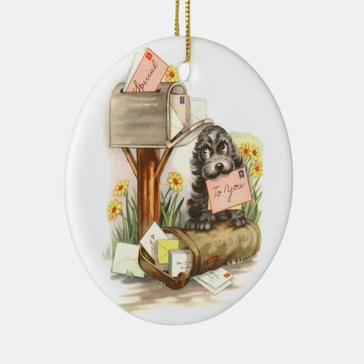 ヴィンテージの毛むくじゃらの小犬とメール セラミックオーナメント (右)