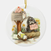 ヴィンテージの毛むくじゃらの小犬とメール セラミックオーナメント (正面)