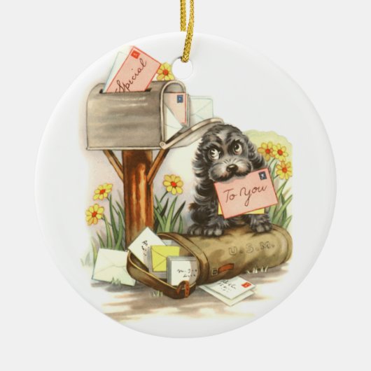 ヴィンテージの毛むくじゃらの小犬とメール セラミックオーナメント (正面)