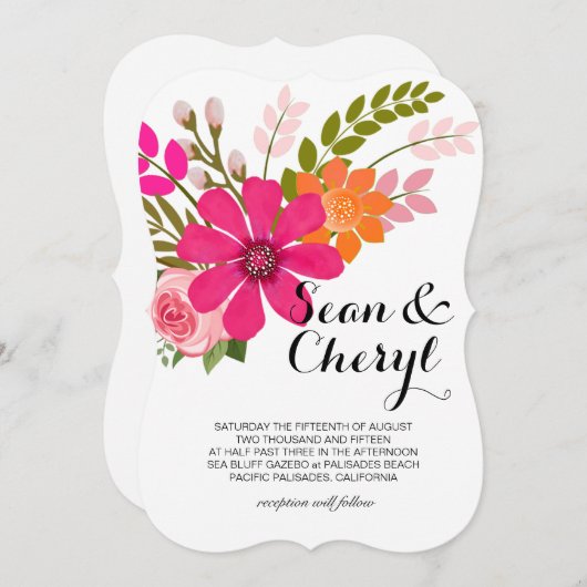 ヴィンテージの民間伝承の花の旗のリボンの結婚式 招待状 (正面/裏面)