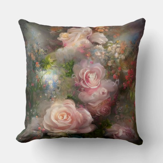 ヴィンテージの水彩テ絵を描ープの柔らかいピンクのバラ クッション (正面)