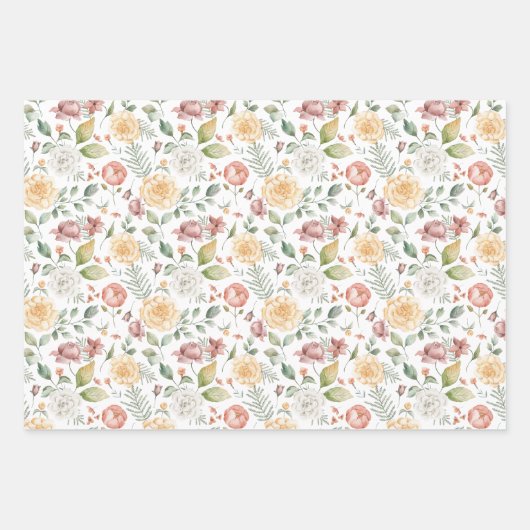 ヴィンテージの水彩バラと緑のパターン ラッピングペーパーシート (正面)