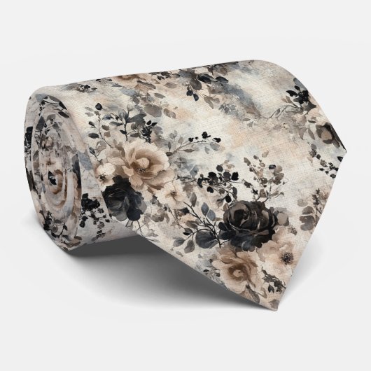 ヴィンテージの水彩バラベージュ、ブラックネクタイ ネクタイ (ロール)