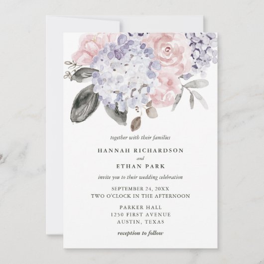 ヴィンテージの水彩画のアジサイおよびバラ結婚する| 招待状 (正面)