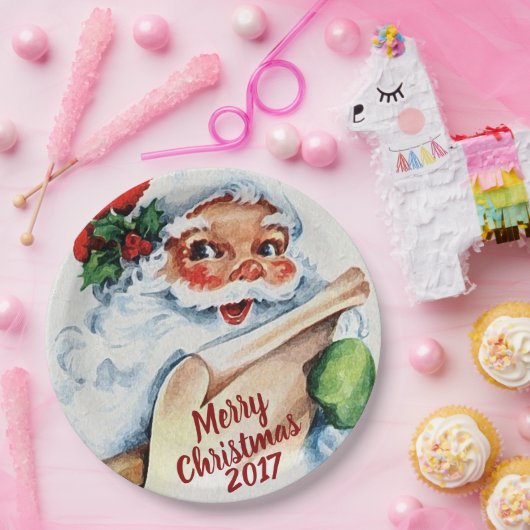 ヴィンテージの水彩画のサンタクロースのメリークリスマス ペーパープレート (パーティー)