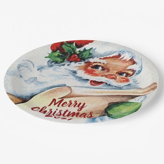ヴィンテージの水彩画のサンタクロースのメリークリスマス ペーパープレート (アングル)